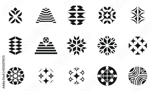 A collection of intricate black and white geometric patterns, showcasing various shapes and designs that evoke a sense of modern art and creativity.