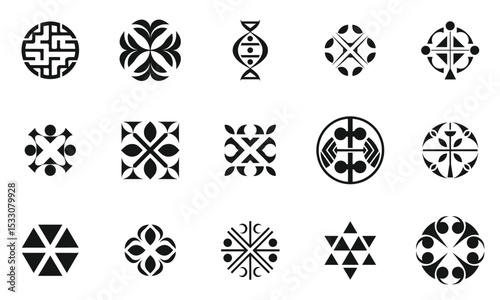 A dynamic collection of black and white geometric symbols, showcasing various intricate designs and patterns that convey a sense of cultural richness and artistic creativity.