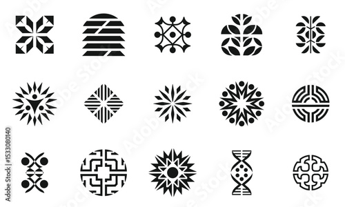 A collection of intricate black and white geometric patterns, showcasing diverse shapes and designs that evoke a sense of creativity and cultural artistry.