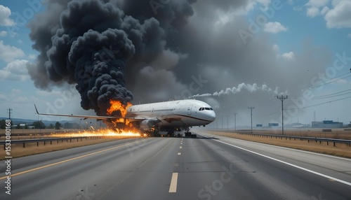 Airliner crashing into abandoned highway with flaming engine and smoke trail, perfect for apocalyptic or emergency road visuals