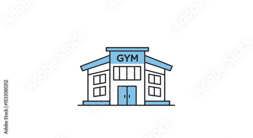 An illustration of a modern gym building with a light blue outline.