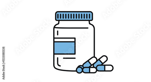 Pill bottle with scattered pills, symbolising health and medicine. 