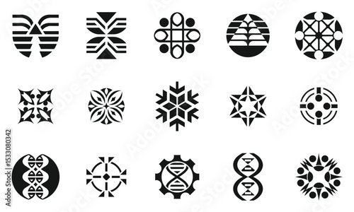 A collection of diverse black and white geometric patterns and symbols, showcasing various designs and shapes that evoke creativity and modern aesthetics.