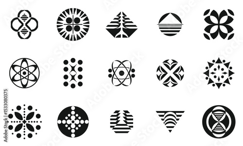 A diverse collection of geometric black and white patterns, showcasing various shapes and forms. Ideal for design projects and artistic inspirations.