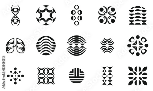 A collection of geometric patterns in black and white, showcasing intricate designs including circular and organic shapes, ideal for modern art and decor.