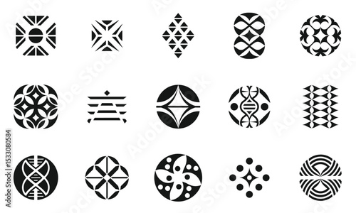 A collection of unique black and white geometric patterns showcasing various shapes and designs, perfect for creative projects or artistic inspiration.
