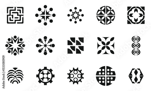 A collection of diverse black geometric patterns showcasing intricate designs, emphasizing symmetry and creativity, suitable for various artistic applications.