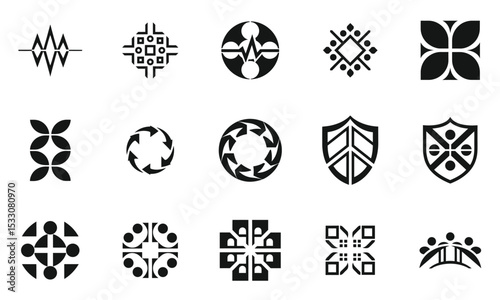 A collection of diverse black and white abstract logos showcasing various geometric designs and patterns, suitable for branding purposes.