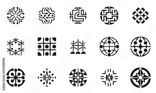 A collection of intricate black and white abstract circular designs, showcasing geometric patterns that evoke a sense of creativity and modern art.