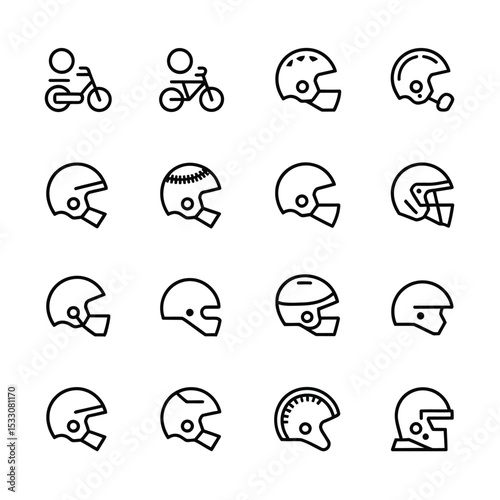 Collection of Helmet and Bicycle Icons Line Art Illustrations