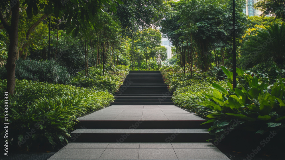 Smooth Concrete Walkways Surrounded by Lush Greenery Leading to a Minimalist Public Building or Park Smooth Concrete Walkways Surrounded by Lush Greenery Leading to a Minimalist Public Building or Park