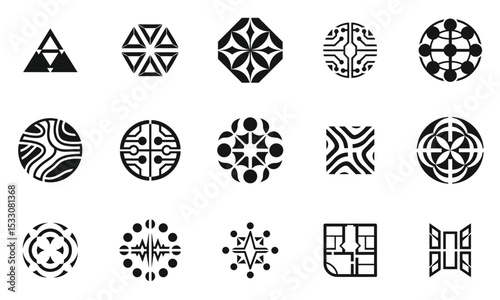 A diverse collection of unique geometric and abstract symbols in black and white, showcasing creative patterns and designs that reflect a modern artistic style.