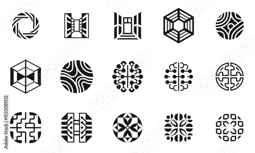 A collection of intricate black and white geometric logo designs showcasing modern artistic flair. Perfect for branding and creative projects.