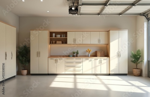Clean  organized garage with storage cabinets  natural light. Modern design with cabinets for car maintenance  tools  auto tech equipment organization. Minimalist interior with cabinets. Green plants