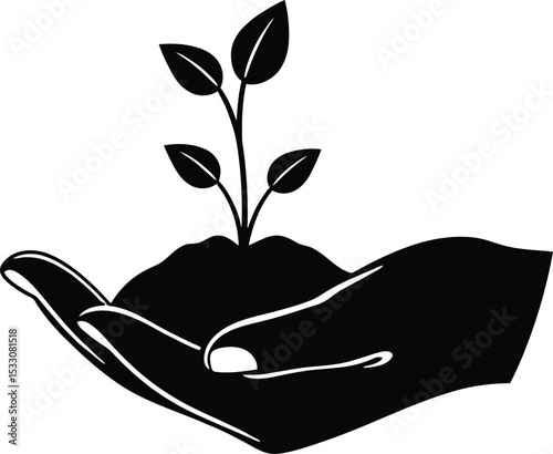 Hand Holding Plant Icon – Growth, Nature, and Environmental Conservation Silhouette Vector