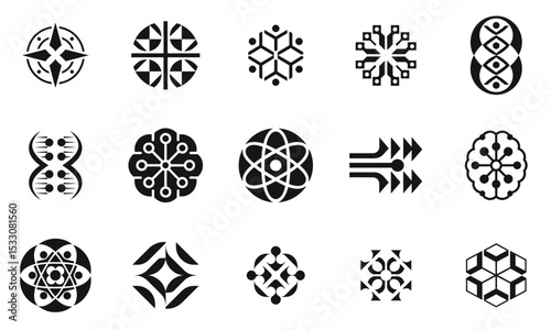 A curated collection of intricate black and white geometric symbols showcasing various designs, including spirals and interlocking patterns, suitable for creative projects.