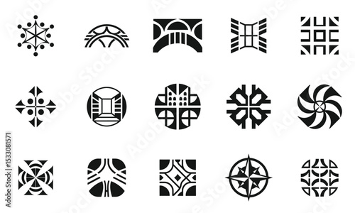 A diverse collection of abstract black and white geometric designs, showcasing intricate patterns and shapes that evoke modern artistry and creativity.