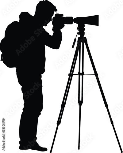 Photographer with Tripod Camera Icon – Silhouette Vector of Man Taking Photos with Telephoto Lens