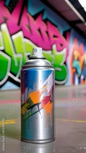 Spray paint can with colorful drips against a vibrant graffiti background in an indoor setting with industrial lighting