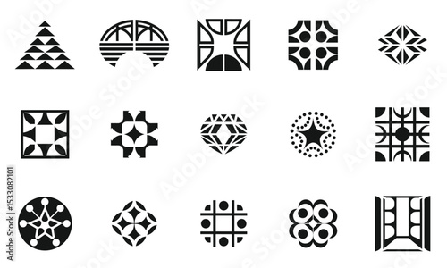 A collection of geometric black and white patterns featuring various designs such as triangles, circles, and squares, creating a harmonious visual rhythm.