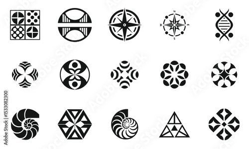 A collection of unique black and white geometric and abstract symbols, showcasing various patterns and designs that evoke a sense of creativity and artistry.