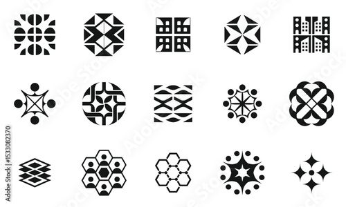 A diverse collection of geometric patterns and abstract designs in black and white, showcasing creativity and artistic expression across various shapes and forms.
