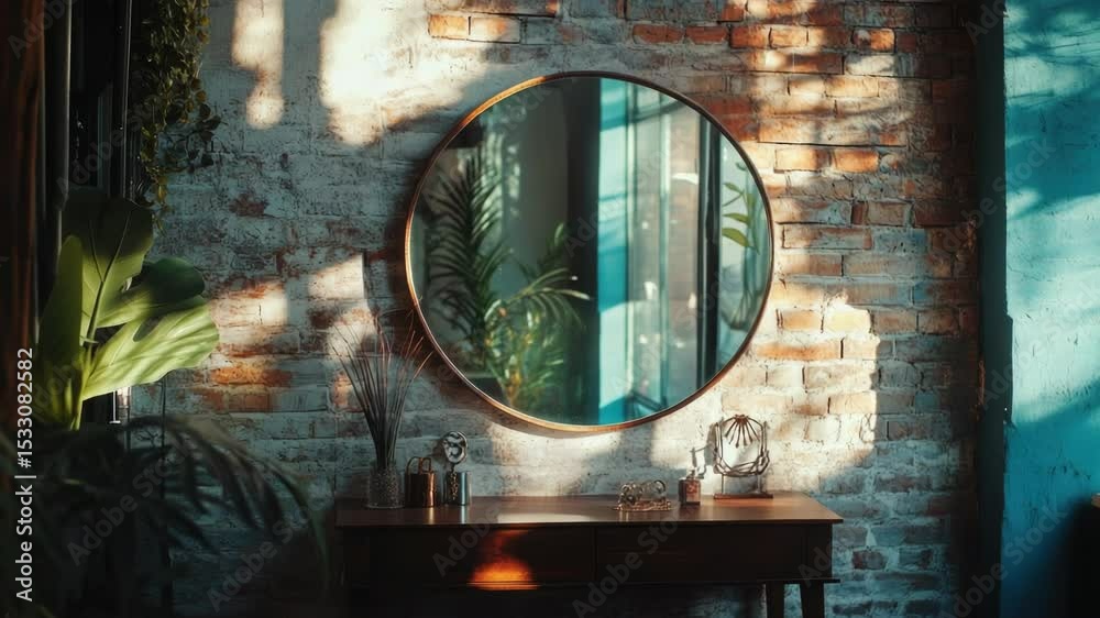 A mirror hangs on a brick wall next to a table, providing a reflective surface