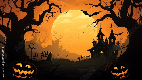 Spooky halloween background illustration with haunted house pumpkins bats and full moon landscape scene