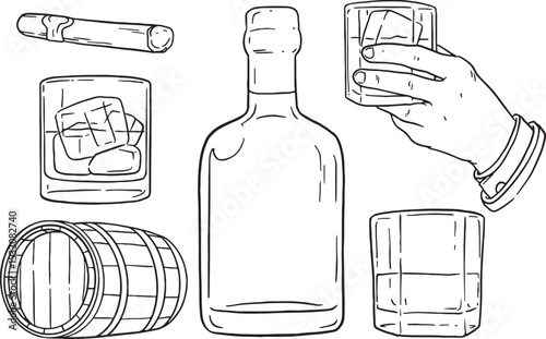 hand-drawn collection of whiskey or alcoholic beverage essentials: a bottle, various glasses with ice, a wooden barrel, a cigar, and a hand holding a drink. This doodle set is perfect for designs.