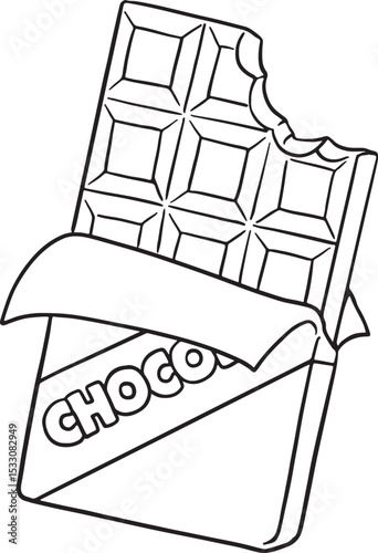 hand-drawn illustration set of chocolate bars and individual squares, some partially unwrapped or bitten. These doodle elements are perfect for designs related to sweets, desserts, snacks.
