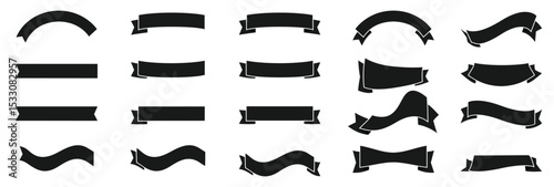 Black ribbon big vector set. Ribbons banner collection. Isolated on a white background.