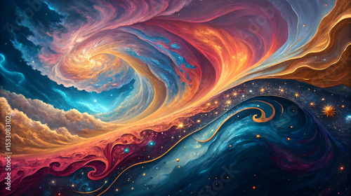 Abstract Cosmic Swirl Painting Vibrant Orange Blue Red Hues Celestial Nebula image
