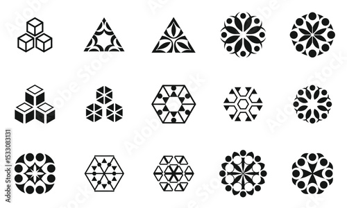 A collection of geometric abstract designs featuring shapes such as cubes, triangles, hexagons, and circles, showcasing a monochrome color scheme and intricate patterns.