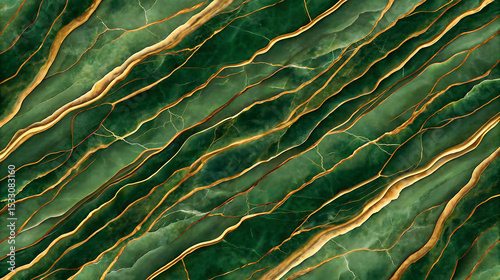 Abstract Emerald Green Marble Texture with Gold Veins Layered Pattern Background