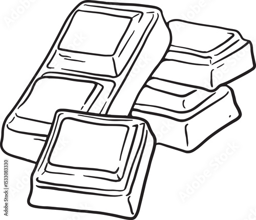 hand-drawn illustration set of chocolate bars and individual squares, some partially unwrapped or bitten. These doodle elements are perfect for designs related to sweets, desserts, snacks.