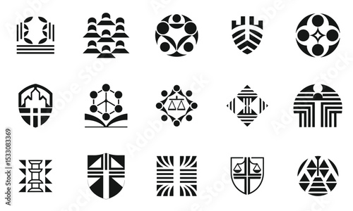 A collection of diverse black and white logos featuring geometric shapes, shields, and patterns, representing innovation and creativity in design.