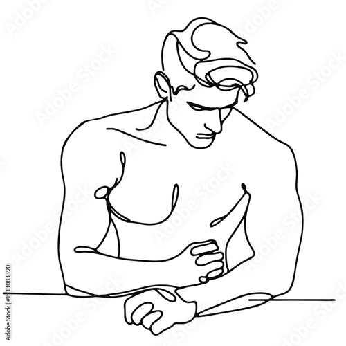 Envy": elegant man in theatrical pose expressing emotion, drawn with single continuous line — minimalism and expression.