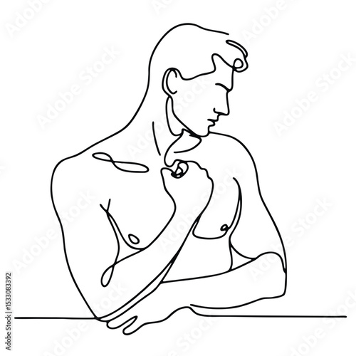 Envy": elegant man in theatrical pose expressing emotion, drawn with single continuous line — minimalism and expression.