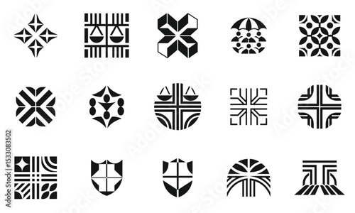 A diverse collection of black and white abstract logos featuring intricate geometric designs, showcasing creativity and modern aesthetics.