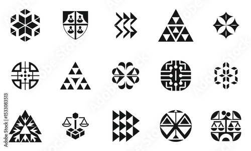 A collection of geometric black and white icons featuring various abstract shapes like triangles, circles, and scales, ideal for design and branding.