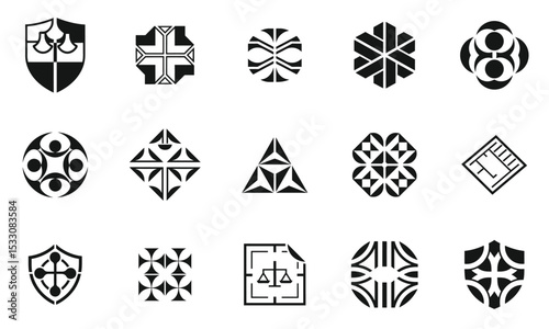 A collection of diverse black and white emblematic designs showcasing geometric shapes and patterns, symbolizing unity and balance in artistic expression.