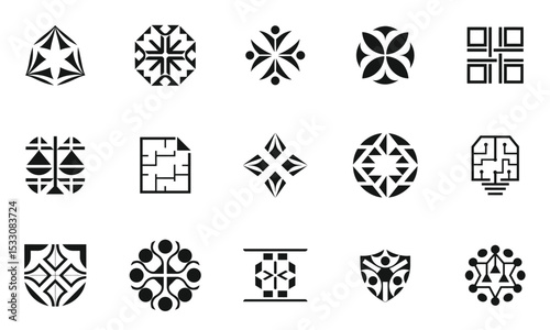 A collection of intricate black and white geometric patterns showcasing creativity and design versatility. Each logo features unique shapes and symmetrical arrangements.