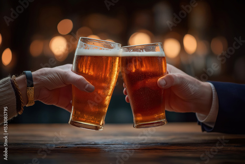 Friends celebrate with cheers while toasting pints at a cozy bar in the evening