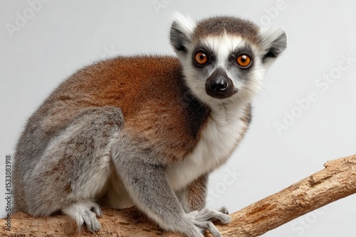 Ring tailed lemur portrait on branch against white background