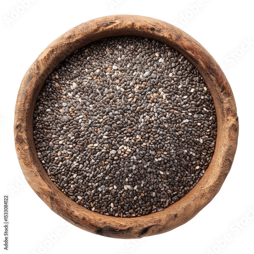 chia seeds in wooden bowl isolated top view 