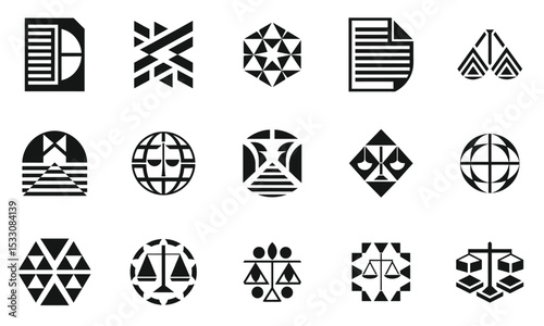 A collection of diverse geometric black icons representing legal, artistic, and business themes. Each symbol features unique shapes and patterns that are visually engaging.