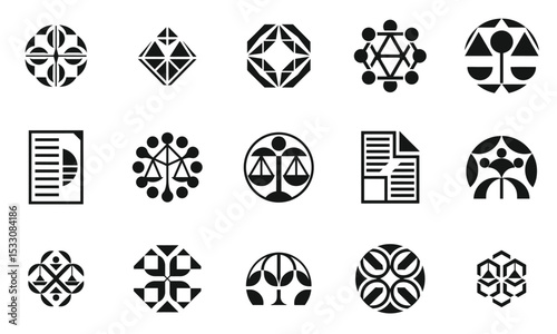 A collection of diverse black and white geometric logos, showcasing various intricate designs that embody creativity and modernity.