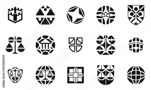 A collection of diverse geometric and symbolic logos, showcasing patterns and shapes that convey balance and stability in a monochromatic style.