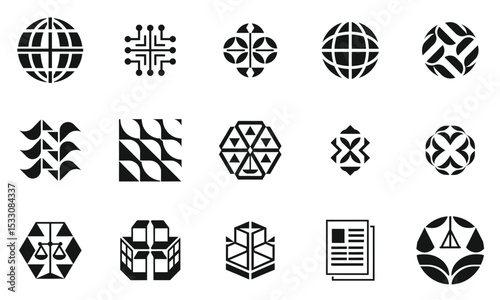 A visually striking collection of black and white abstract logos showcasing modern design elements, ideal for technology and creative industries. Unique shapes and patterns evoke innovation.