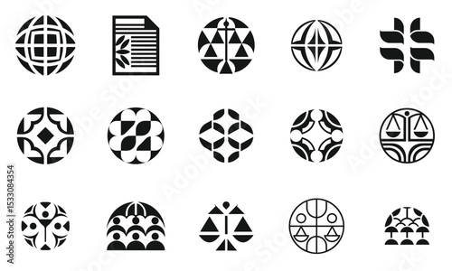 A collection of diverse black and white geometric icons, showcasing various patterns and shapes ideal for graphic design projects, web, and branding purposes.
